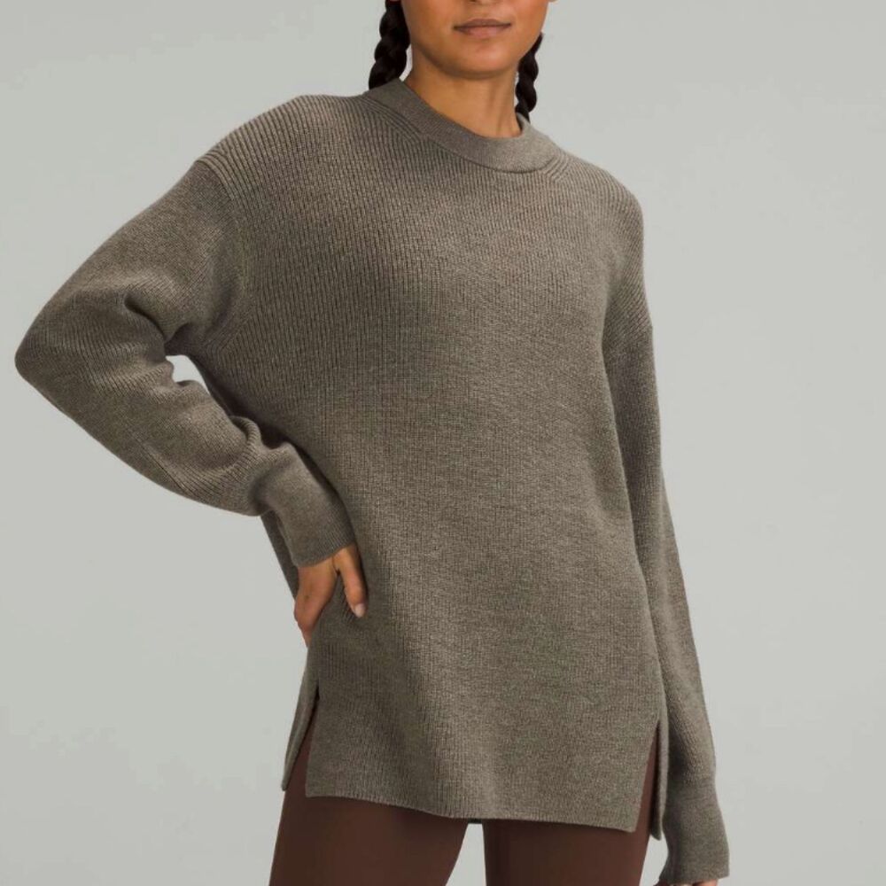 Lululemon Merino Wool-Blend Ribbed Crewneck Sweater Heathered Nomad Size 10